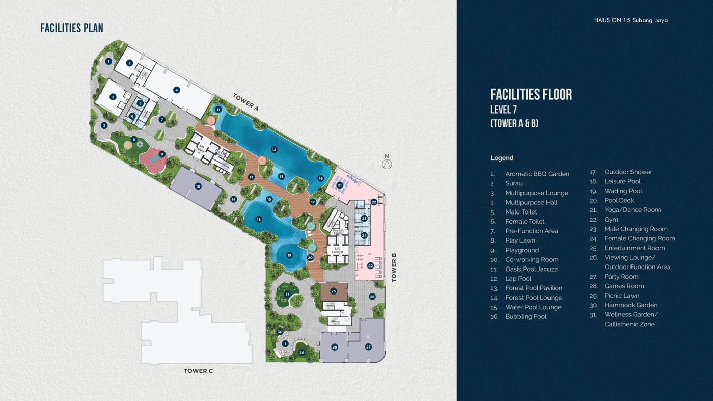 Level 7 facilities podium site plan showing pools, gym, co-working room and other amenities