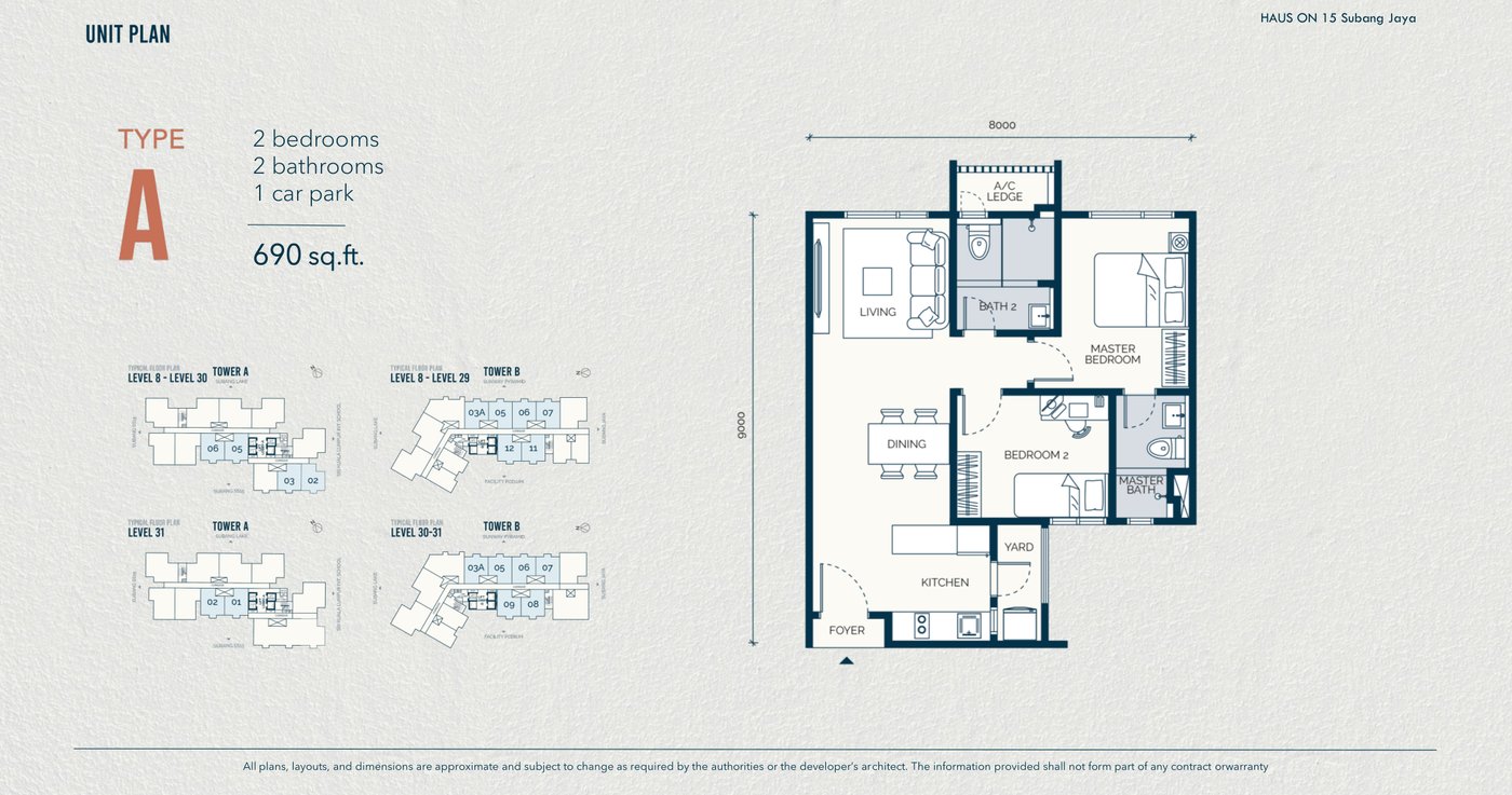 Type A floor plan, 690 square feet, 2 bedrooms