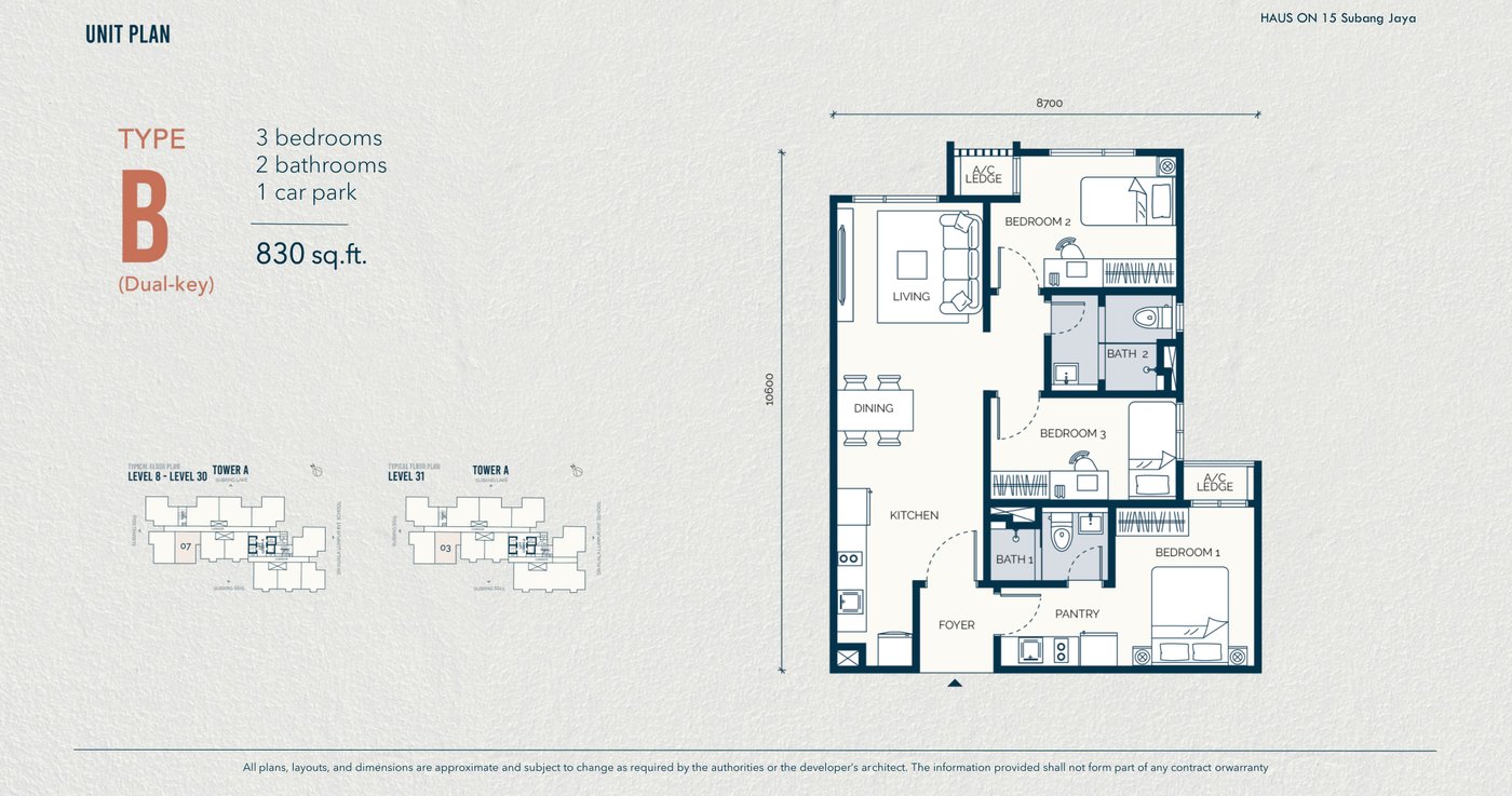 Type B floor plan, 830 square feet, 3 bedrooms, dual key