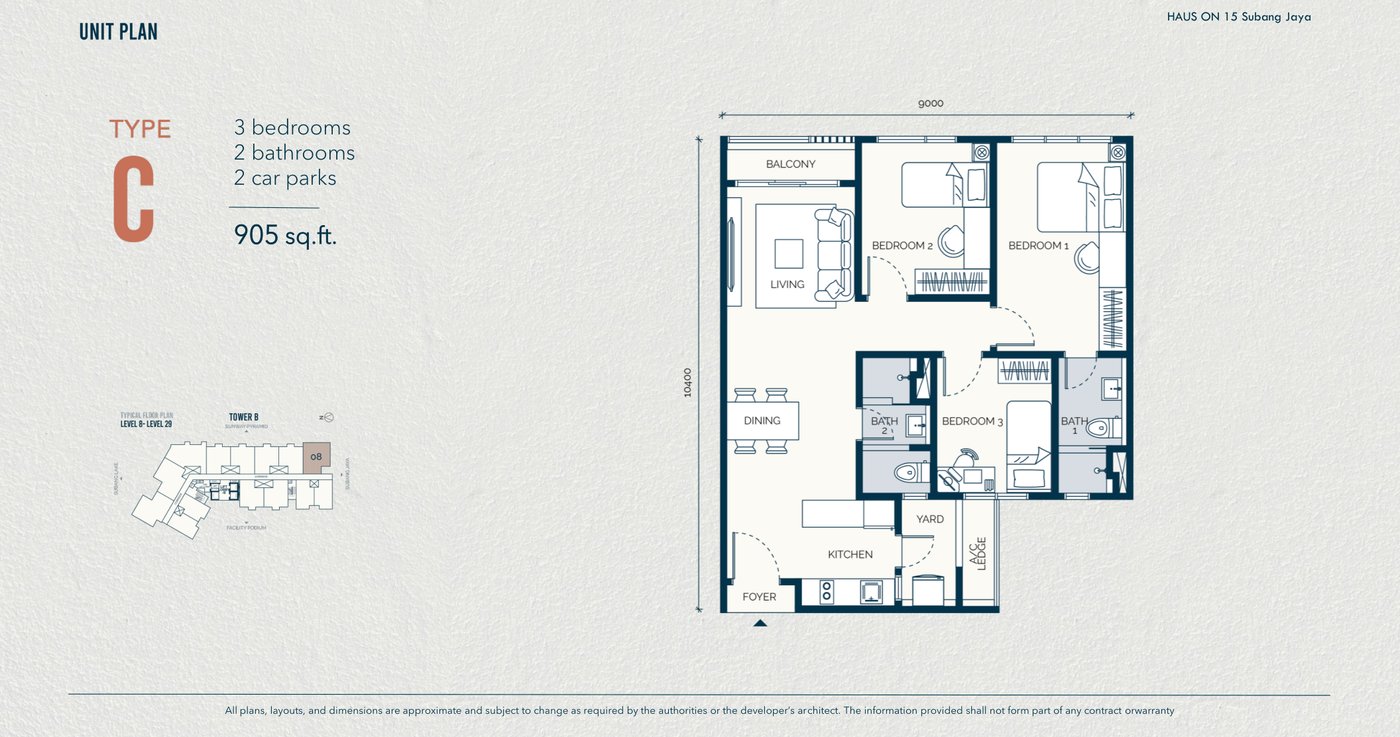 Type C floor plan, 905 square feet, 3 bedrooms