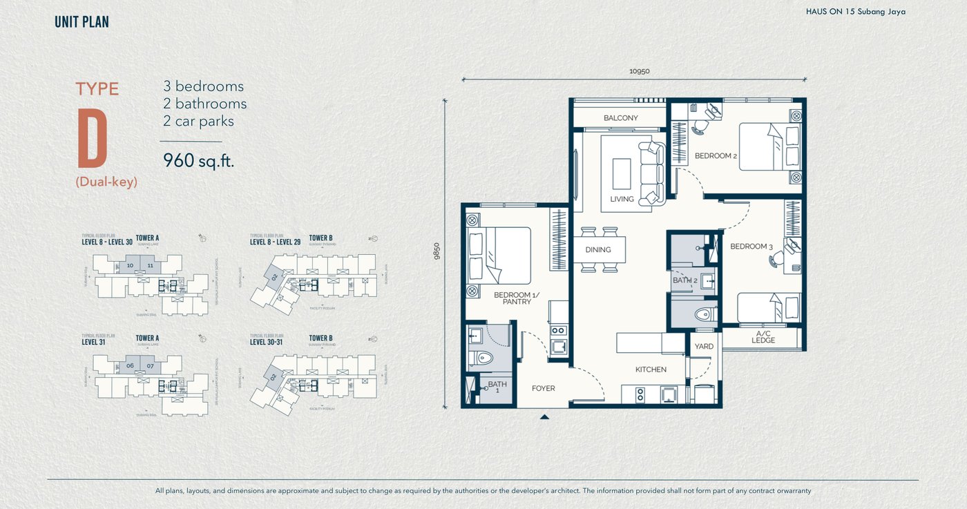 Type D floor plan, 960 square feet, 3 bedrooms, dual key