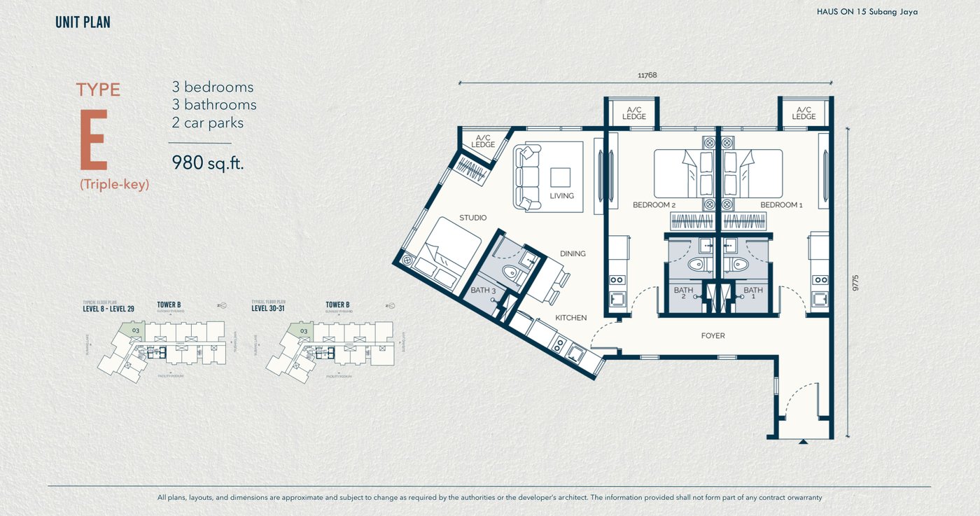 Type E floor plan, 980 square feet, 3 bedrooms, triple key