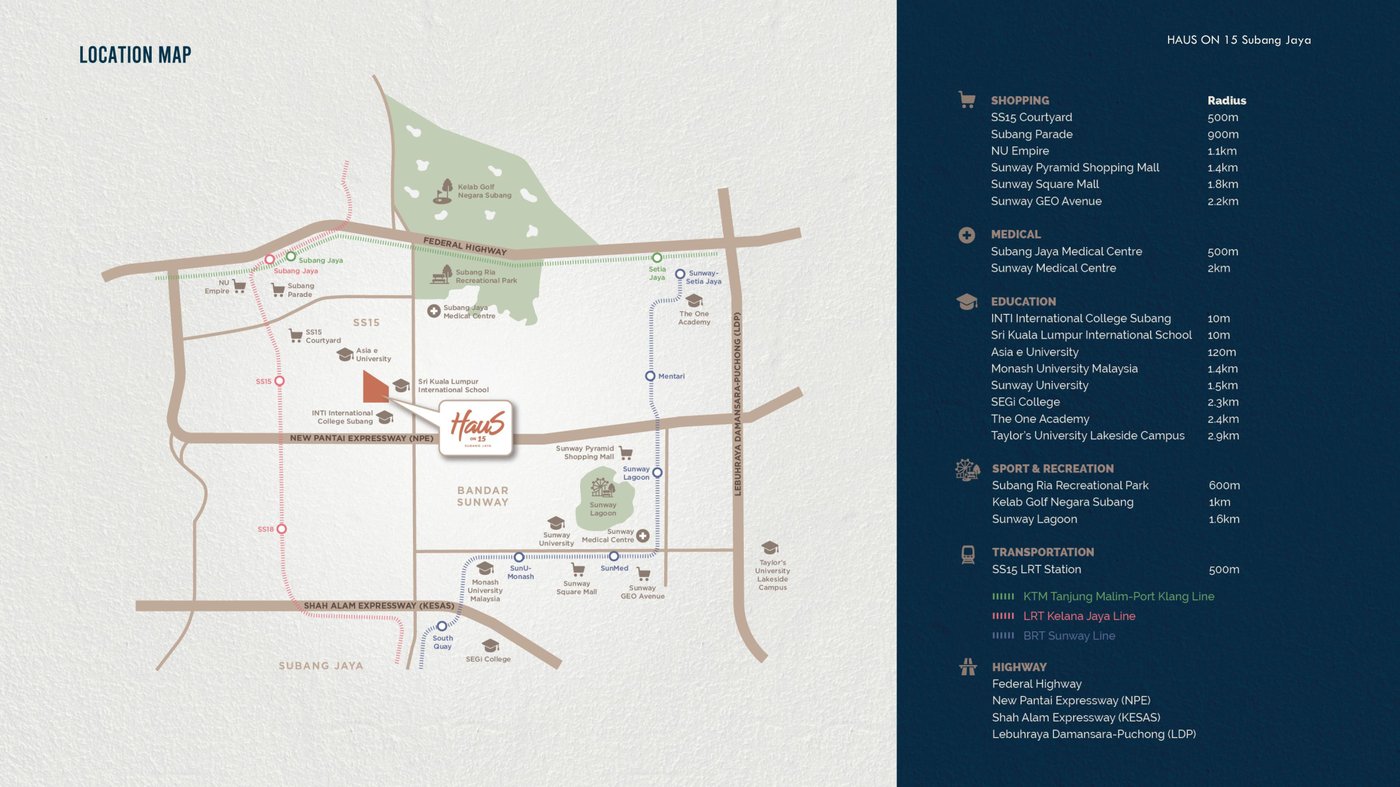Map showing Haus on 15 in SS15 with nearby LRT, malls, schools and hospitals