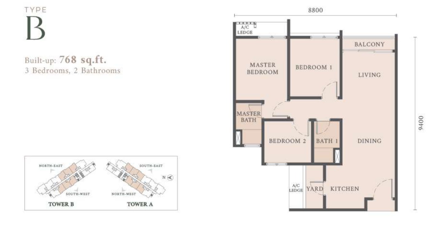 Type B floor plan, 768 square feet, 3 bedrooms