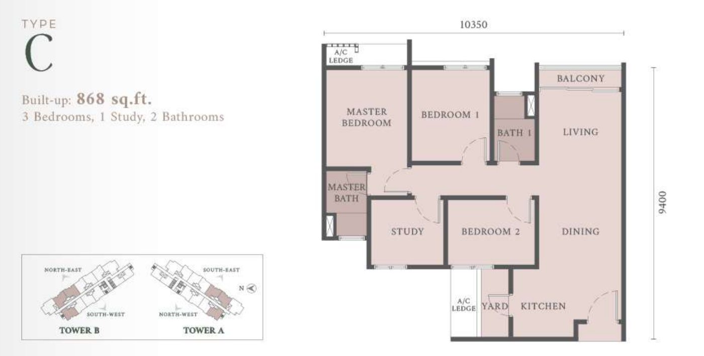 Type C floor plan, 868 square feet, 3 bedrooms plus study
