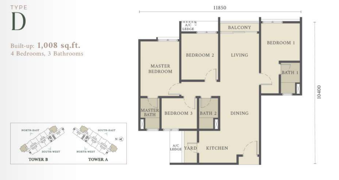 Type D floor plan, 1,008 square feet, 4 bedrooms