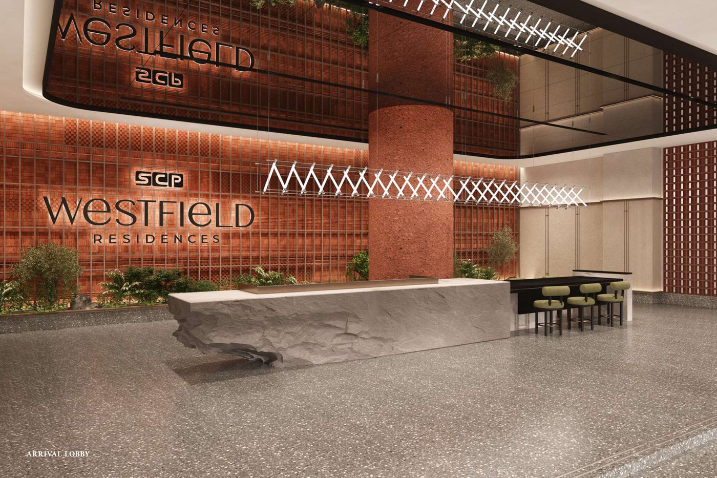 Arrival lobby with Westfield Residences signage wall