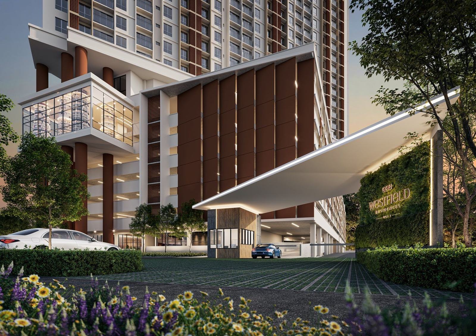 Westfield Residences infinity pool deck with tower facade and city skyline view