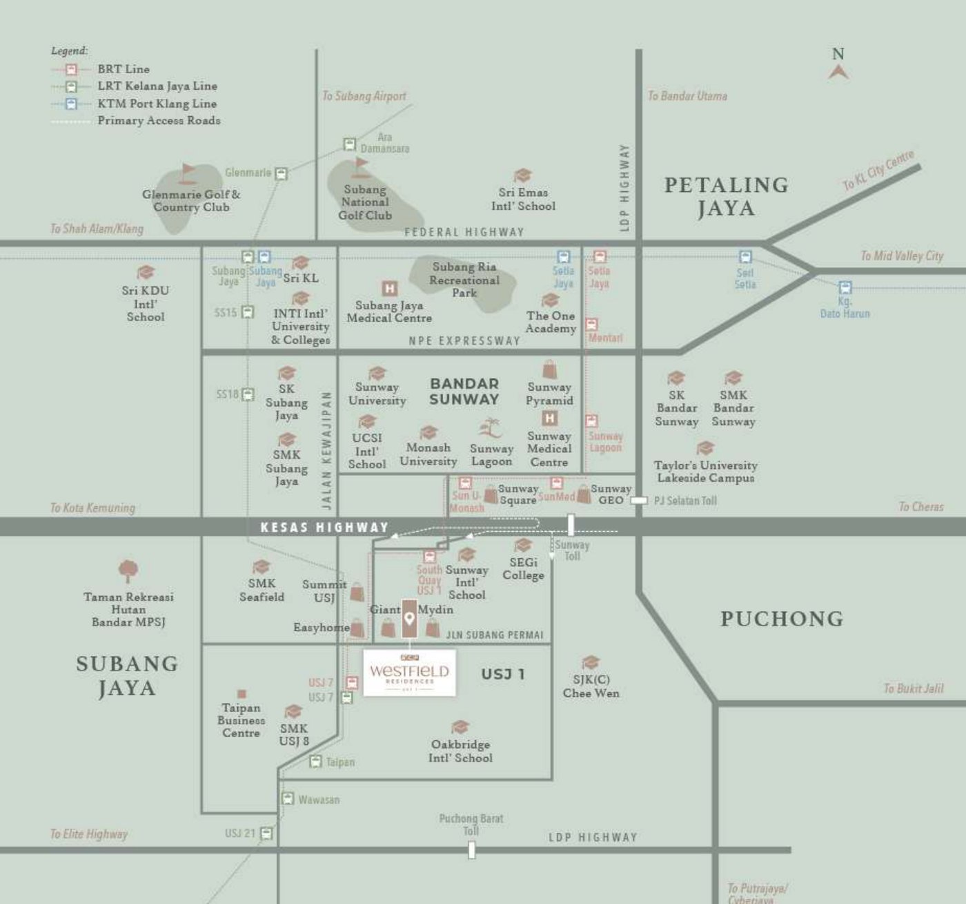 Map showing Westfield Residences in USJ 1 with nearby BRT, LRT, malls, schools and hospitals